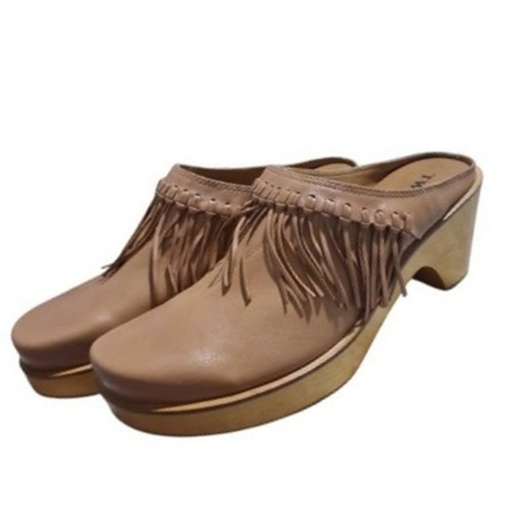 Two Lips Chunky Platform Womens size‎ 10M Leather Fringed Indie Mule Wood Clogs
